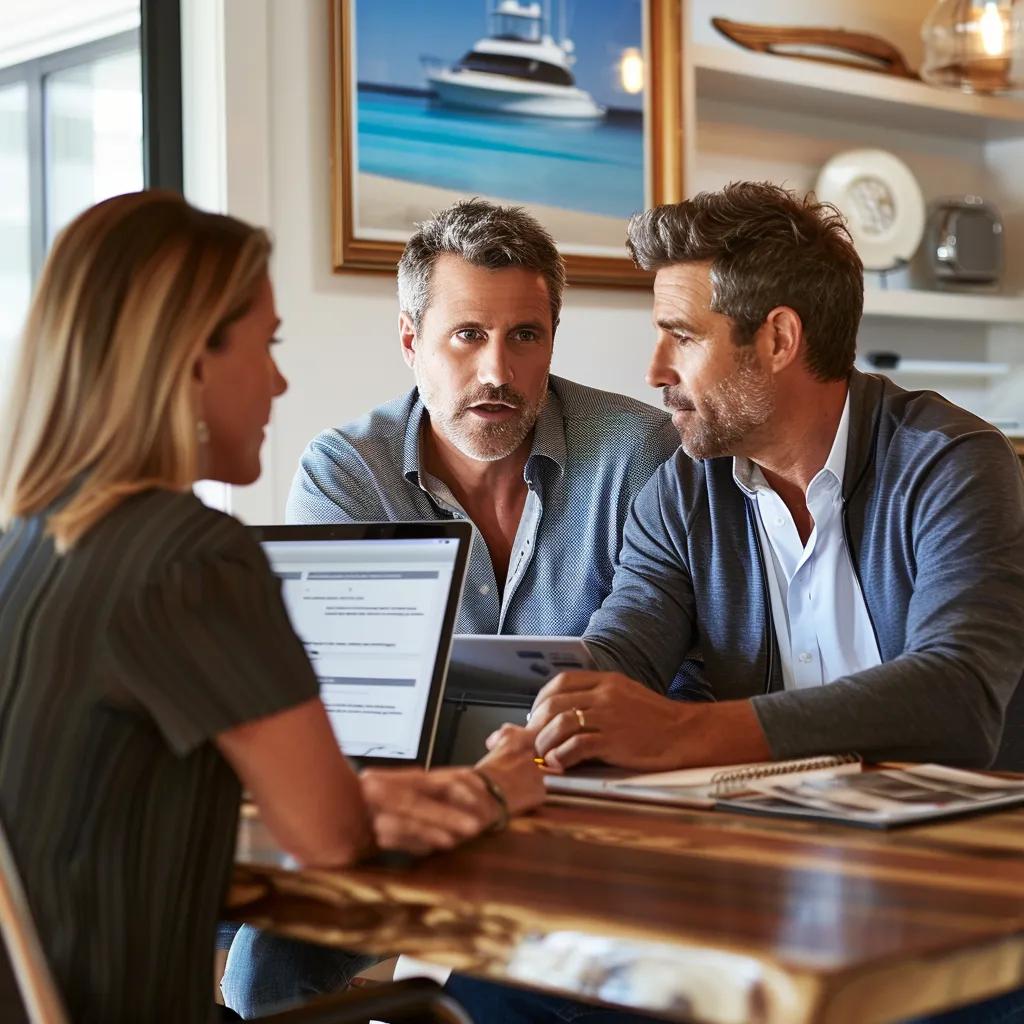 Insurance broker explaining boat insurance options to a couple in a nautical-themed office