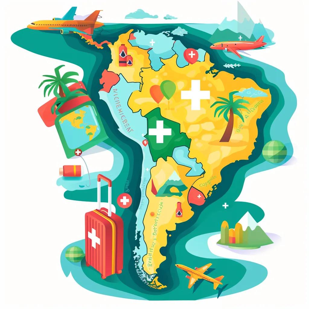 Map of South America highlighting countries that require travel insurance, with icons representing travel insurance