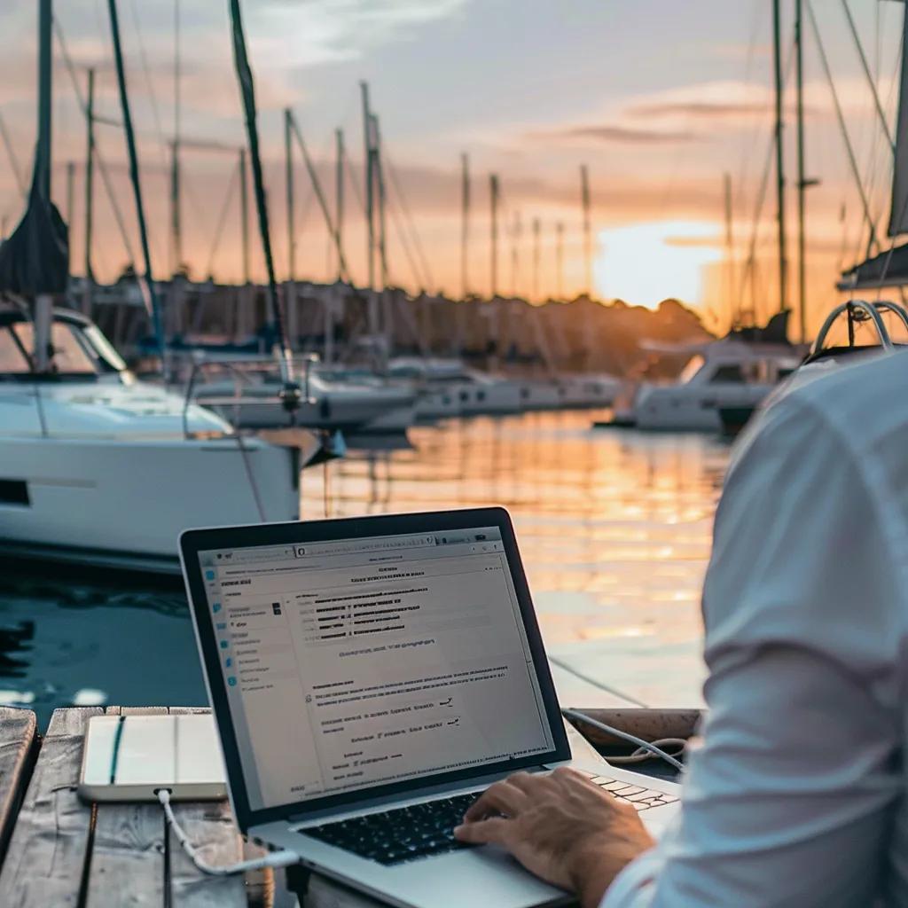 Person reviewing sailboat insurance quotes at a marina, highlighting the decision-making process for coverage costs