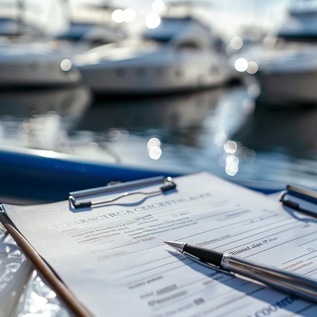 Boat registration document and insurance policy on a table, emphasizing the connection between boat registration and insurance requirements