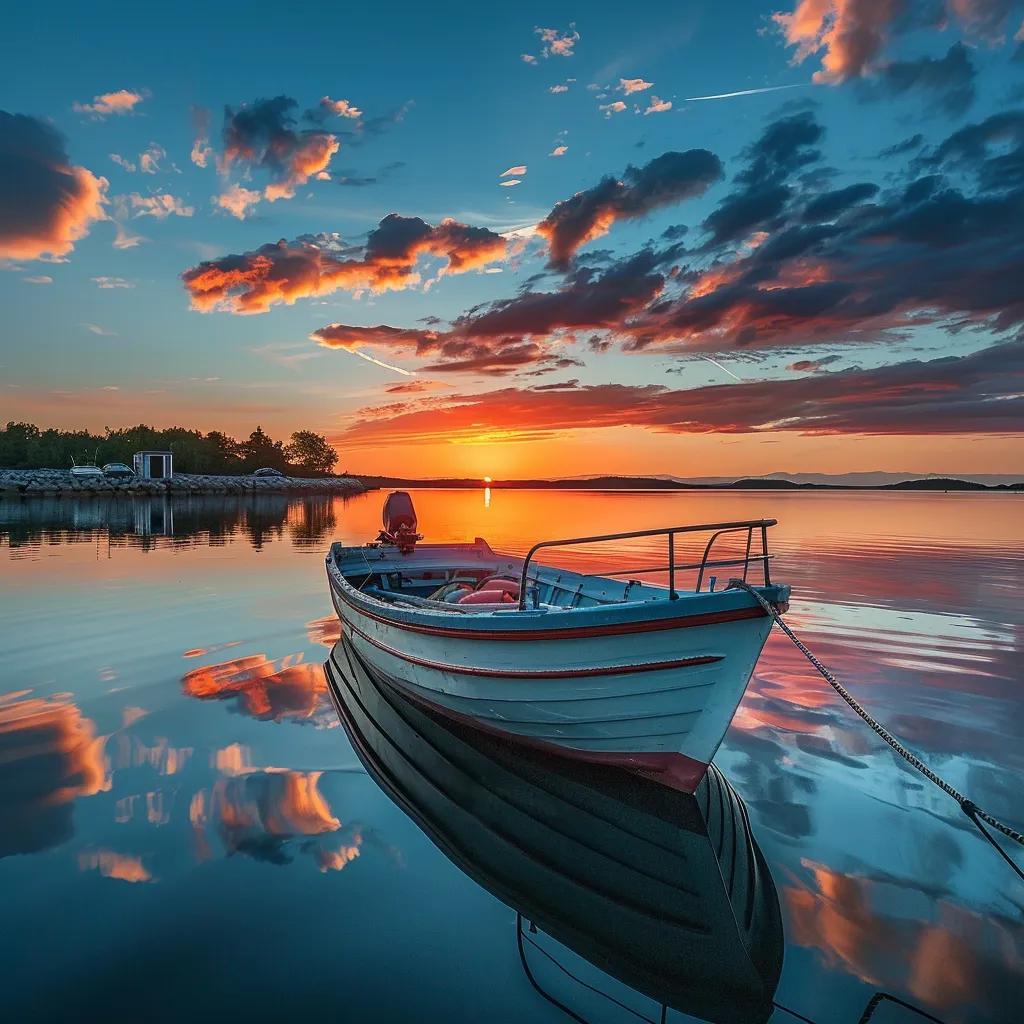 A well-maintained boat anchored in a harbor at sunset, illustrating the benefits of having boat insurance for peace of mind and safety