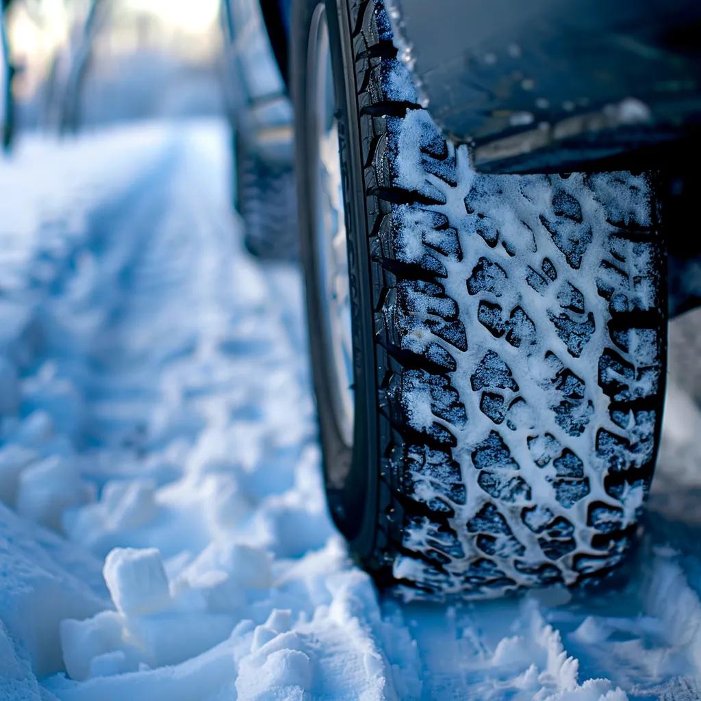 Close-up of worn tires on a snowy Minnesota road highlighting winter driving hazards