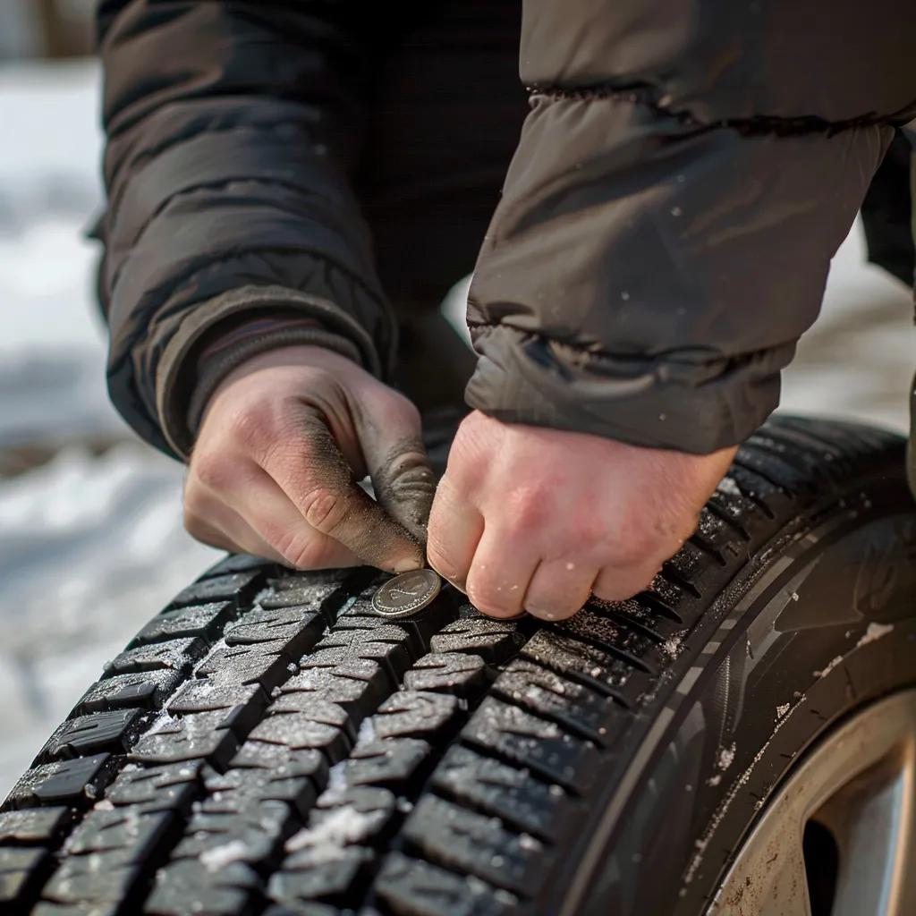 Person checking tire tread depth using the penny test in a winter garage setting